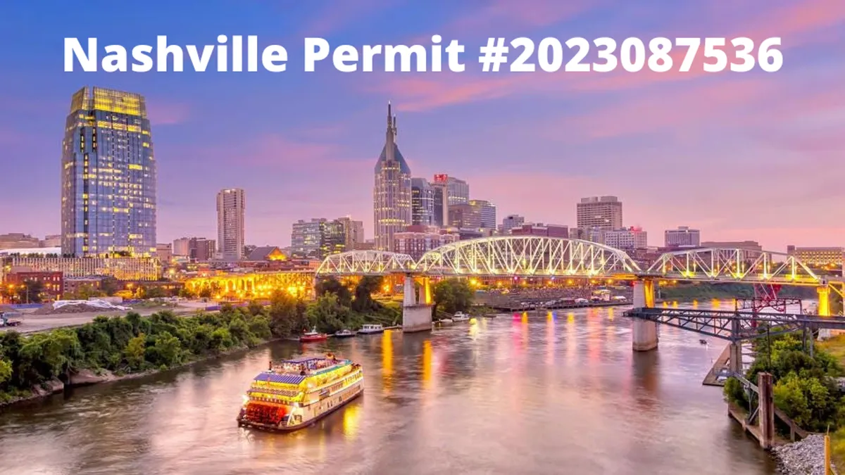 A striking view of the Nashville skyline across the Cumberland River, with bridges and a riverboat adding to the city’s dynamic atmosphere. The scene features dusk lighting, lending a vibrant yet inviting pulse to the urban landscape.