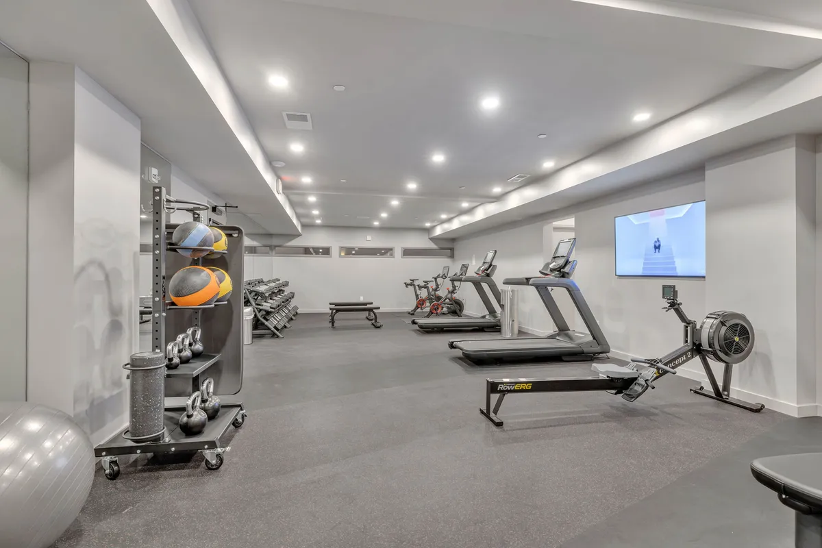 A modern, well-equipped gym interior featuring treadmills, stationary bikes, a rowing machine, a weight rack, and exercise balls. Ample natural light fills the space, and the overall mood is energetic and motivating, perfect for fitness routines.