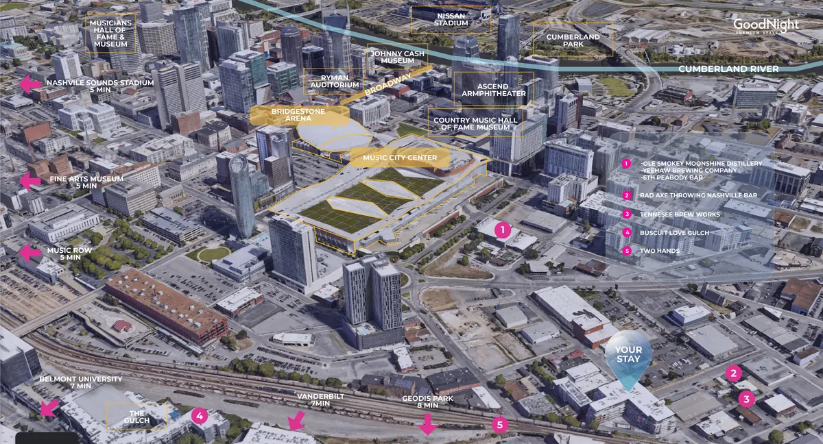 A panoramic cityscape featuring Music City Center, Bridgestone Arena, and the Cumberland River, with urban landmarks clearly visible. This wide-angle view encompasses both Nashville’s iconic venues and the city’s lively setting, suggesting proximity and urban adventure.