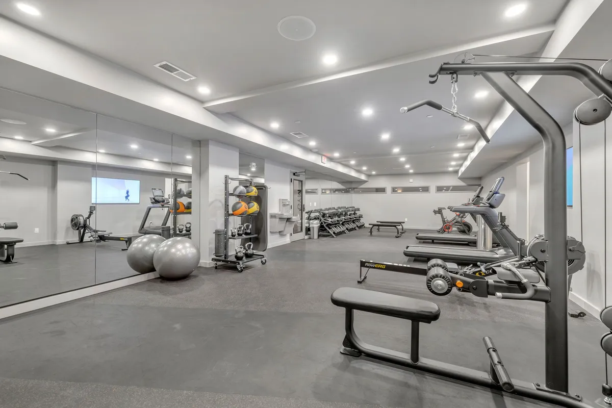 A modern fitness center featuring an array of exercise machines, free weights, mirrored walls, and exercise balls. The space is bright, clean, and motivational, with people engaged in workouts and group fitness activities.